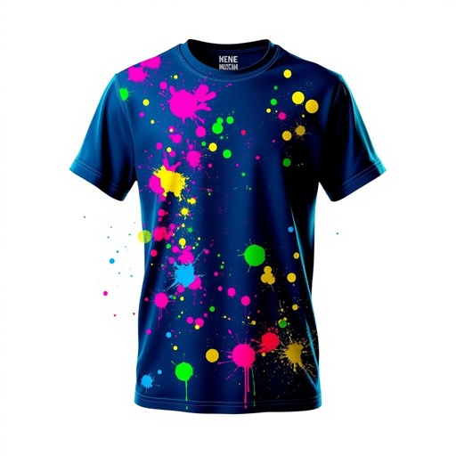 mockup design, Design a vibrant mockup showcasing a T-shirt splashed with neon paint splatters in the style of Kleine brasch. The shirt should be displayed on a minimalist background to emphasize the vivid colors. Incorporate bold typography that complements the energetic vibe, encouraging viewers to appreciate the artistic chaos and creativity.