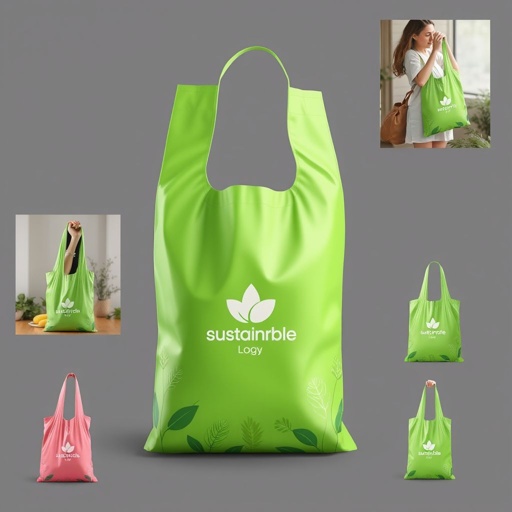 mockup design, Create a mockup design for a sustainable plastic bag, featuring a modern and minimalistic aesthetic. Use vibrant, eco-friendly colors and incorporate botanical patterns inspired by nature. Include the brand logo prominently on the bag, ensuring it conveys a message of sustainability. Showcase the bag in various settings, emphasizing daily use.