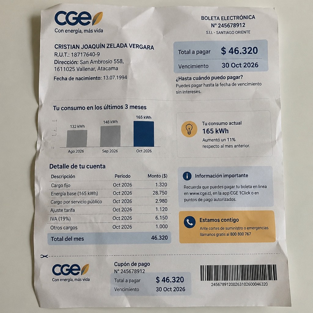 Create a statement, an electricity bill in CHILE. The A4 statement should be realistic, as if it were photographed on a phone. The document should be on a white background. The document must be for the last 3 months of October 2026. The document should contain several transactions and be wrinkled at the edges.
Name CRISTIAN JOAQUÍN ZELADA VERGARA
Address San Ambrosio 558, 1611025 Vallenar, Atacama
R.U.T. 18717640-9
Date of birth 13.07.1994
