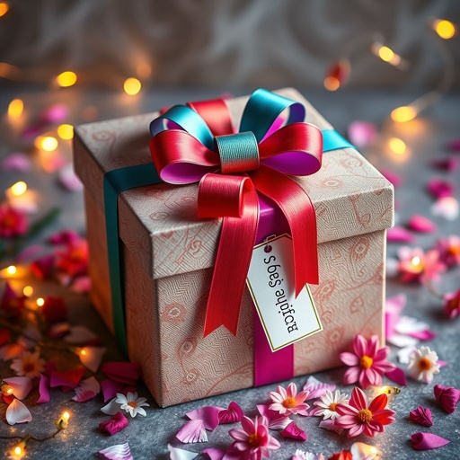 mockup design, Design a visually stunning mockup of a gift box (caja de regalos), featuring a textured, elegant exterior and a vibrant, colorful ribbon. The box should be adorned with whimsical patterns, and include a personalized tag. Surround it with decorative elements such as confetti, flowers, and fairy lights for a festive touch.