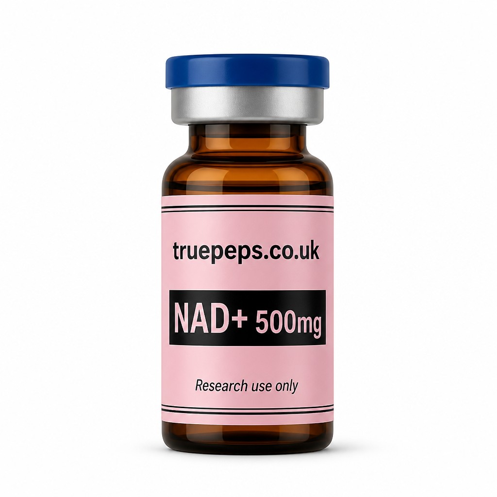 Create a professional studio product photograph of an amber/brown glass pharmaceutical vial with a blue flip-off cap and silver crimp collar (amber glass to reflect NAD+'s light-sensitivity, as is standard for this compound). Label: pink background with black double-line border, "truepeps.co.uk" wordmark at the top, a black bar containing "NAD+ 500mg" in pink text, and "Research use only" in small italic text at the bottom. Center the vial upright, straight-on eye-level angle, full label facing camera and fully legible. Seamless pure white studio background, soft even diffused lighting with no harsh glare, subtle soft realistic shadow beneath the vial, sharp focus throughout, professional e-commerce product photography style, high detail, 4K.
