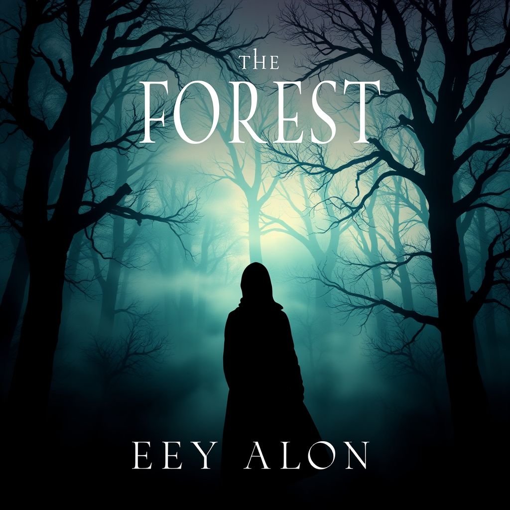 mockup design, Design a captivating book cover featuring a mysterious forest at twilight, with ethereal fog swirling through ancient trees. In the foreground, a shadowy figure glances back, partially obscured. Use elegant, serif typography for the title, placed prominently at the top, and a subtle color palette of deep greens and purples.