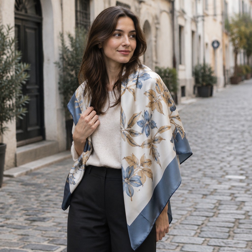 A silk scarf featuring a tasteful sample brand design, draped loosely over the shoulders of a model standing on a cobblestone street, soft overcast light, candid pose, no watermarks, no text overlays