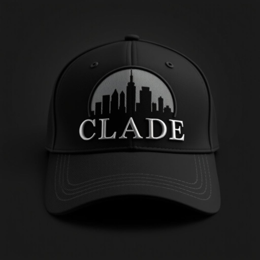mockup design, Design a sophisticated black hat featuring the CLADE brand name elegantly embroidered in the front. Incorporate a unique skyline circle behind the brand name, depicting iconic city silhouettes in a subtle, contrasting thread. Aim for a modern, urban aesthetic that appeals to fashion-forward individuals, ensuring the design is both stylish and memorable.