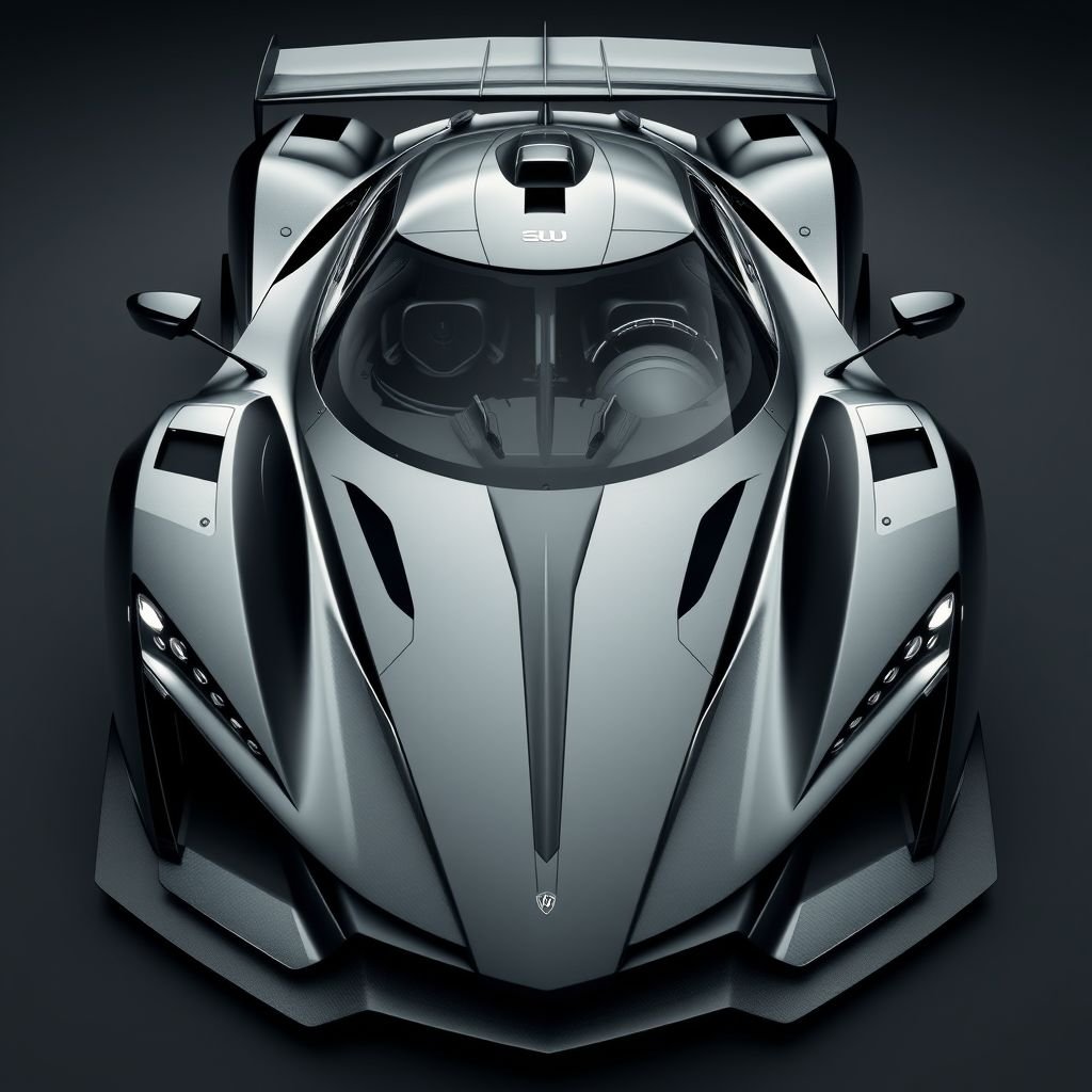 mockup design, Design an ultra-aggressive hypercar that embodies raw performance and aerodynamic precision. Its low profile and bold stance demand attention, featuring sharp, angular lines reminiscent of a stealth fighter. Include a massive front splitter, aggressive air intakes, and sleek LED headlights for a predatory vibe. The carbon fiber exterior showcases an intricate front fascia, while a towering rear wing enhances downforce. The single-seat cockpit, visible through a panoramic canopy, is complemented by a central roof fin, making this vehicle suitable for both a Le Mans grid and a futuristic action film. Emphasize both beauty and raw speed in every detail.