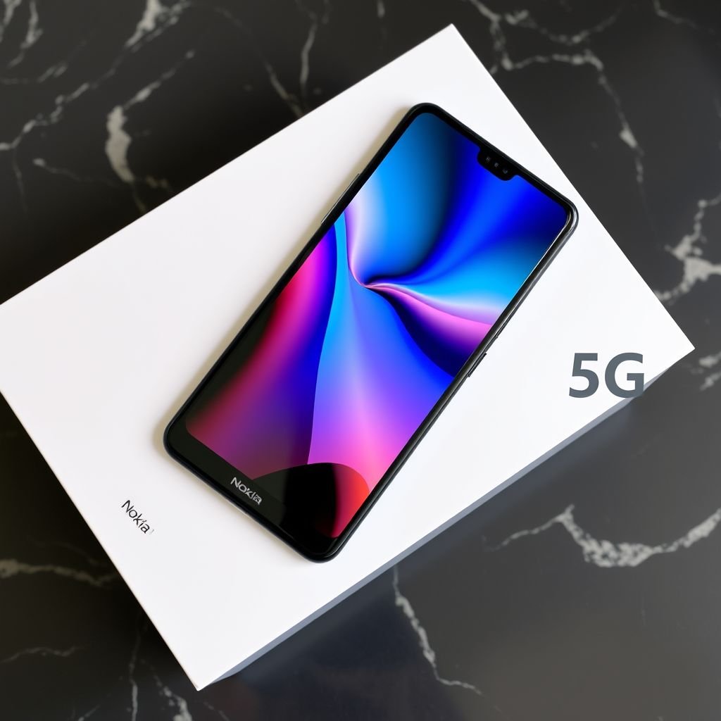A sleek, black Nokia Mi 11 smartphone resting on a dark marble surface. The 6.5-inch screen glimmers with vibrant colors, showcasing a high-resolution photo captured by its 40 MP camera. A subtle 5G logo in the corner, hinting at advanced connectivity. Luxury packaging surrounds the device, exuding sophistication and elegance.
