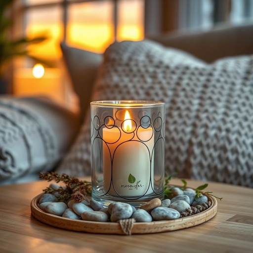 mockup design, Design a cozy home setting featuring a beautifully crafted candle in a glass holder, emitting a warm, flickering glow. Surround it with aromatic herbs and small decorative stones. The background includes soft, textured cushions and a hint of a fading sunset through a window, creating an inviting, serene atmosphere.