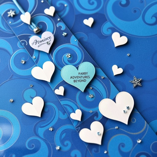 A whimsical bookmark adorned with swirling abstract patterns in deep and sky blue hues. Heart shapes, crafted from delicate paper, flutter across the surface. Each element sparkles with glitter embellishments, capturing light. Adventure themes subtly woven throughout, promising journeys beyond. A visual tapestry inviting exploration, discovery, and imagination in every glance.