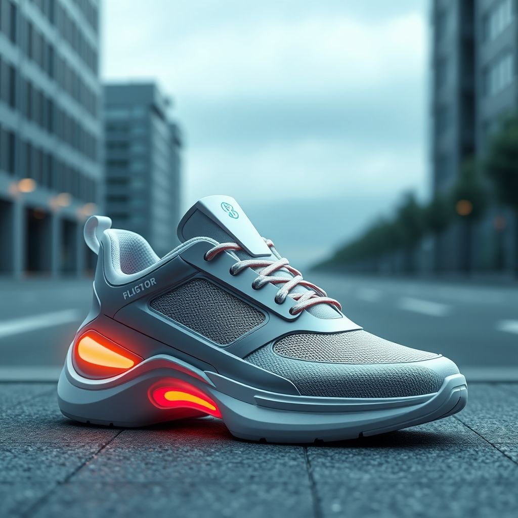 mockup design, Design a pair of futuristic smart shoes featuring sleek, ergonomic lines and a lightweight structure. Incorporate 5G Bluetooth connectivity for seamless integration with smartphones. Highlight a self-charging battery system, utilizing solar panels and kinetic energy. Showcase a vibrant LED display on the side, indicating connectivity status and battery life, set against an urban backdrop.