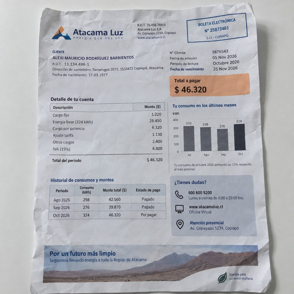 Create a statement, an electricity bill in CHILE. The A4 statement should be realistic, as if it were photographed on a phone. The document should be on a white background. The document must be for the last 3 months of October 2026. The document should contain several transactions and be wrinkled at the edges.
Name ALEXI MAURICIO RODRÍGUEZ BARRIENTOS
Address Tamarugos 2071, 1533472 Copiapó, Atacama
R.U.T. 13134496-1
Date of birth 17.03.1977