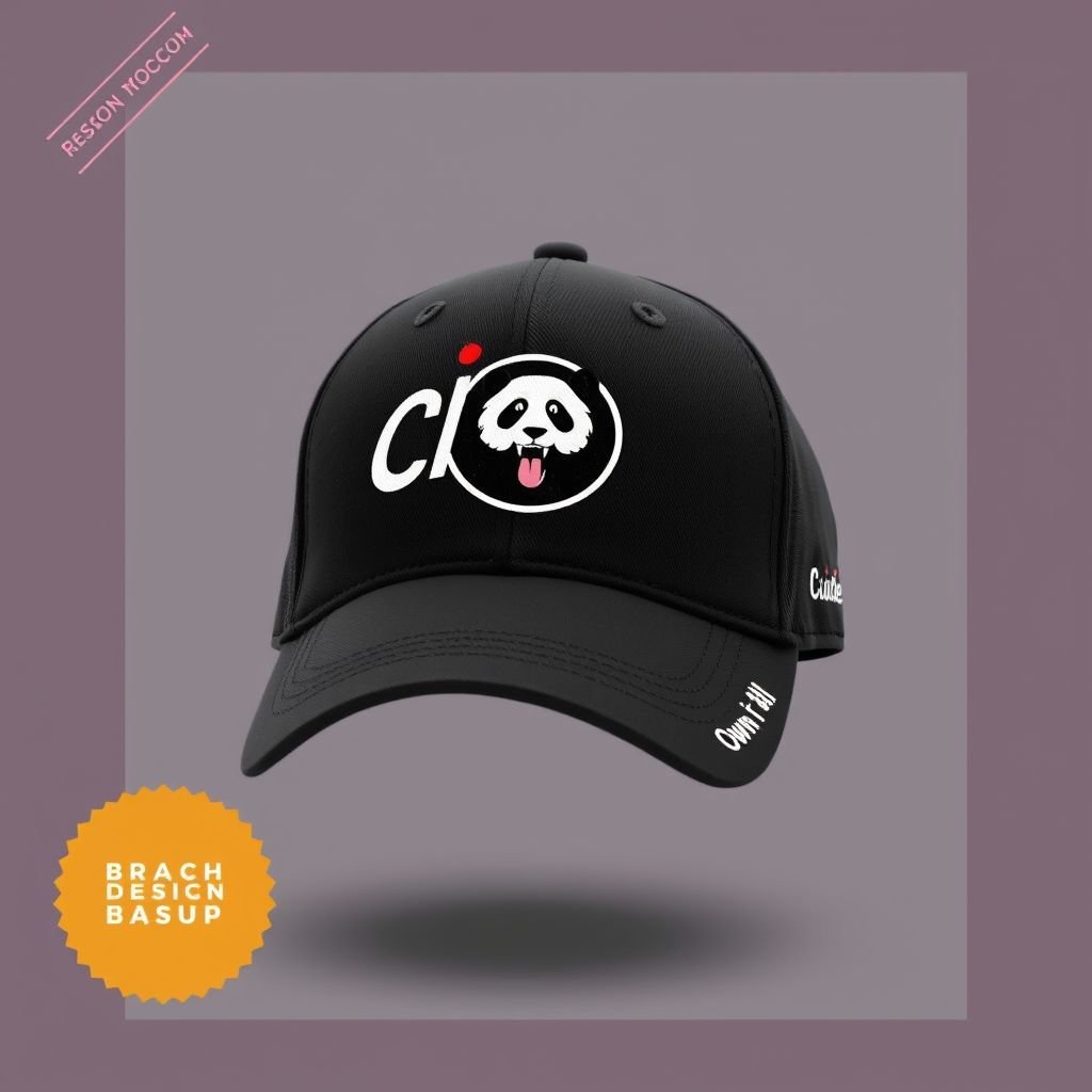 mockup design, Create a mockup of a black baseball hat featuring the brand name "Clade" prominently displayed on the front. Include a playful yet edgy design with a circular emblem of a panda within a stylized circle. Add a subtle blood splatter effect around the neck area, and embroider "Own It All" along the side.
