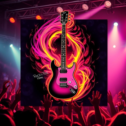 mockup design, Design a vibrant album cover for a rock 'n' roll band, featuring a dynamic electric guitar surrounded by swirling neon colors. Integrate retro elements like vinyl records and cassette tapes, along with iconic band logos. The background should showcase a lively concert scene with energetic fans, capturing the essence of rock music.