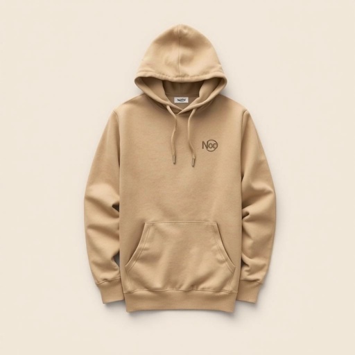 mockup design, Design a cozy, unisex Noï hoodie featuring a minimalist aesthetic. The hoodie should be made of soft, eco-friendly materials in muted earth tones. Incorporate a subtle logo on the left chest and a spacious kangaroo pocket. The hood should have adjustable drawstrings, and the fabric should display a modern, textured pattern.